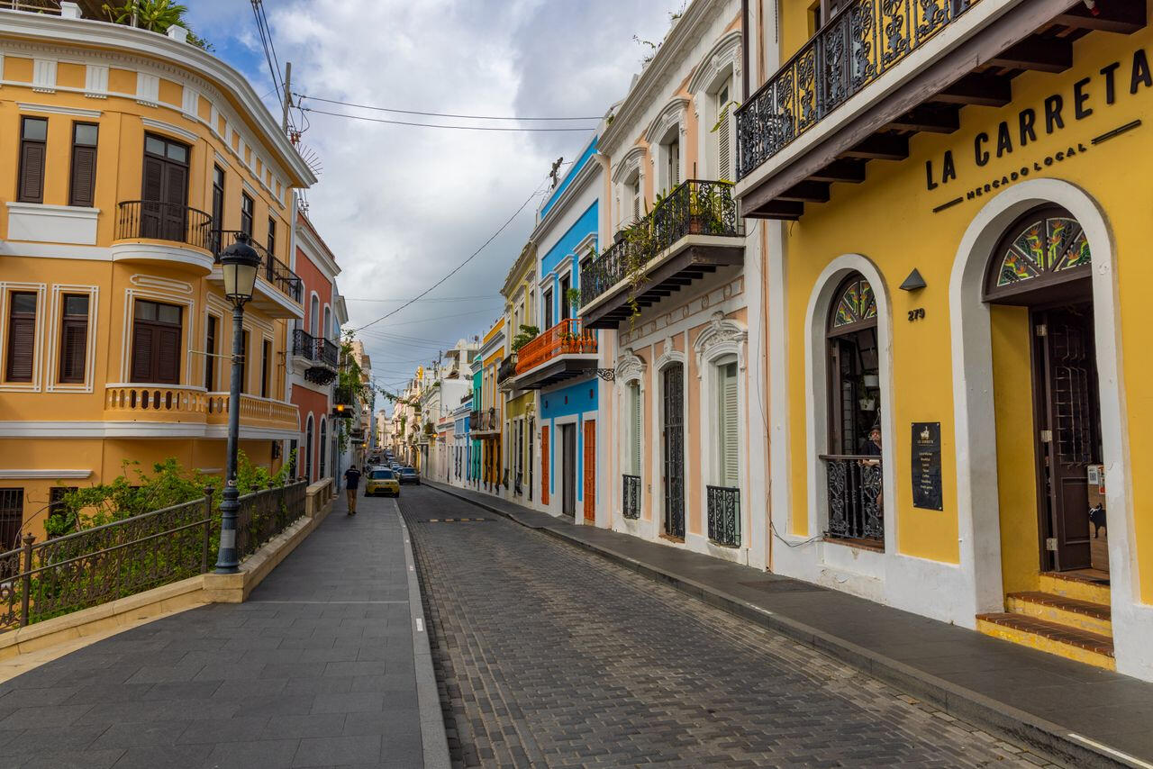 Historic architecture along a cobblestone street in Old San Juan, Puerto Rico